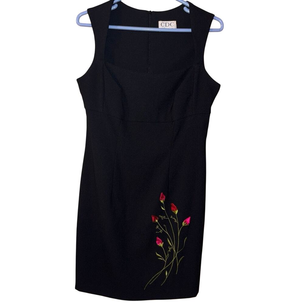 Vintage CDC 90’s black 3D floral square neckline mini dress whimisgoth size 10